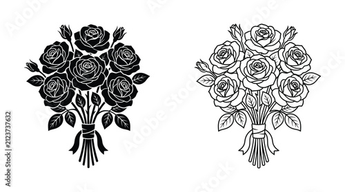 Rose bouquet silhouette black and white floral outline isolated on white