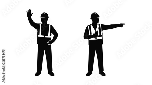 Traffic Controller Silhouettes With Hand Signals On White Background