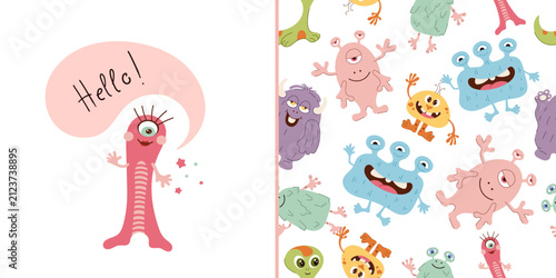 Friendly pink one eyed monster saying hello with stars and matching seamless pattern. Sweet colorful creatures background for baby textiles, nursery wallpaper, and kids design. 