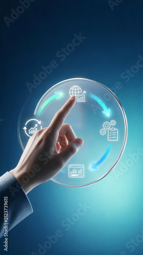 Hand touching circular business process hologram with global growth and workflow icons.