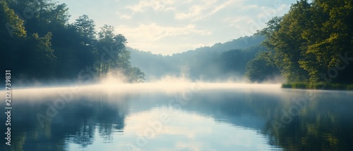Misty sunrise over calm lake, forested shores. Peaceful nature scene, ideal for travel