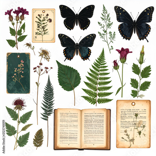 Vintage Botanical Herbarium PNG Set - Black Swallowtail Butterflies, Ferns, Pressed Flowers, and Open Book