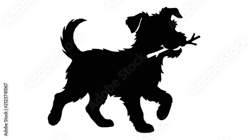Playful dog silhouette carrying a stick, happily trotting with joy