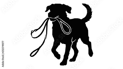 Playful dog silhouette carrying leashes, ready for an outdoor adventure