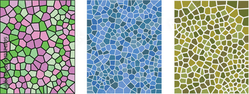 A vibrant stained glass mosaic pattern featuring three distinct vertical panels with abstract geometric shapes in pink green blue and gold tones for decorative backgrounds