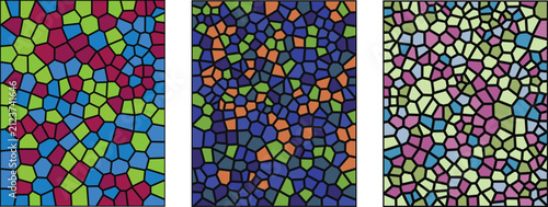 A vibrant stained glass mosaic pattern featuring three distinct panels with colorful geometric shapes and intricate black lead lines for artistic decorative design and texture