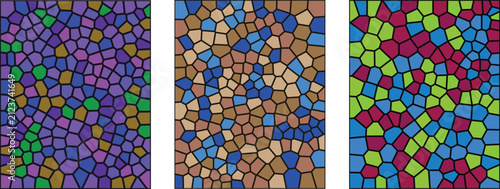 A vibrant digital art collection featuring a stained glass mosaic pattern with colorful geometric shapes and abstract textures for modern interior design and creative backgrounds