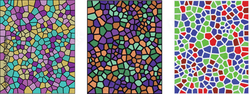 A vibrant stained glass mosaic pattern featuring three distinct panels with colorful geometric shapes and intricate textures perfect for artistic backgrounds and creative design projects