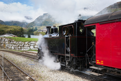 Dampflokomotive vom Furka-Zug in Realp in der Schweiz.
Furka Steam Railway in Realp, Switzerland.