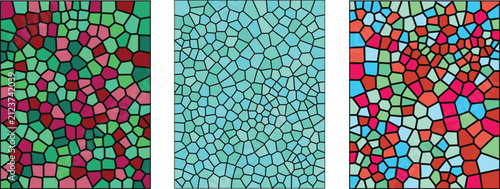 A vibrant set of three panels featuring a colorful stained glass mosaic pattern with geometric shapes and artistic textures for modern interior design background projects