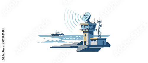 Konstfotografi Naval Radar Station with Ship on Sea and Radio Waves, Vector Illustration