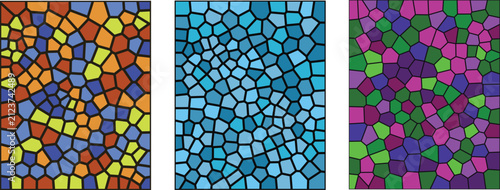 A vibrant collection featuring a stained glass mosaic pattern with colorful geometric shapes and textured artistic tiles arranged in three distinct vertical decorative panel designs