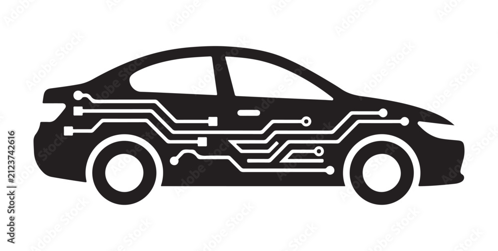 Obraz premium Car silhouette with circuit board lines represents smart automotive technology, electric vehicle systems, autonomous driving, and modern mobility.