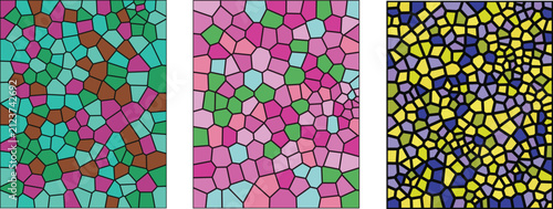 A vibrant collection featuring a stained glass mosaic pattern with colorful geometric shapes and artistic textures suitable for modern digital backgrounds and creative design projects