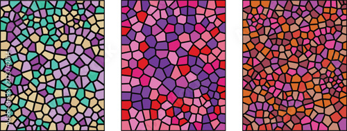 A vibrant stained glass mosaic pattern featuring three distinct panels with colorful geometric shapes and intricate textures perfect for artistic backgrounds and creative design projects