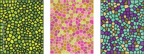 A vibrant set of three abstract backgrounds featuring a stained glass mosaic pattern with colorful geometric shapes for artistic digital design and creative wallpaper projects