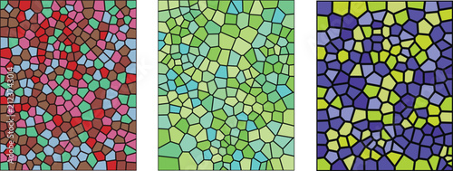 A vibrant digital illustration featuring a stained glass mosaic pattern with three distinct panels in red green and blue color palettes for artistic background designs