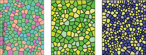 A vibrant digital illustration featuring a stained glass mosaic pattern with three distinct panels showcasing colorful geometric shapes and intricate textures for artistic background designs