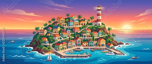 Tropical island village with lighthouse and harbor at sunset