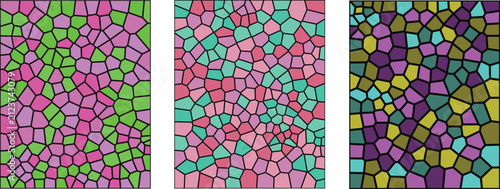 A vibrant set of three panels featuring a colorful stained glass mosaic pattern with intricate geometric shapes and artistic textures for modern interior design backgrounds