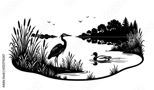 Obraz na płótnie Wetland Landscape Heron Duck Pond Silhouette Vector