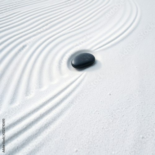 abstract wabi-sabi garden extreme close up raked white zen garden sand parallel curved lines intersecting single smooth black river stone profound minimalist serenity