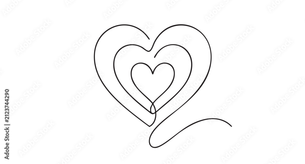Fototapeta premium Continuous Line Drawing of Triple Nested Hearts Minimalist Romantic Symbol for Valentine Wedding Anniversary or Affection Concepts in Black on White