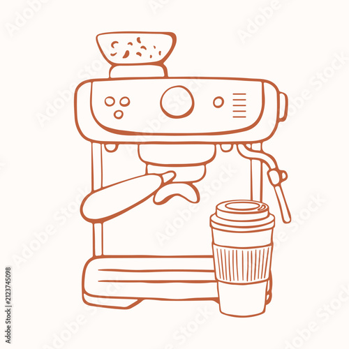 Espresso coffee machine with paper cup in line art style. Kitchen appliance for beverage making. Cafe equipment. Minimalist brown outline vector illustration for menu design.