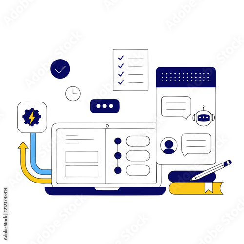 Modern AI Workspace Featuring Laptop Chatbot UI and Automation Tools Editable Vector Illustration