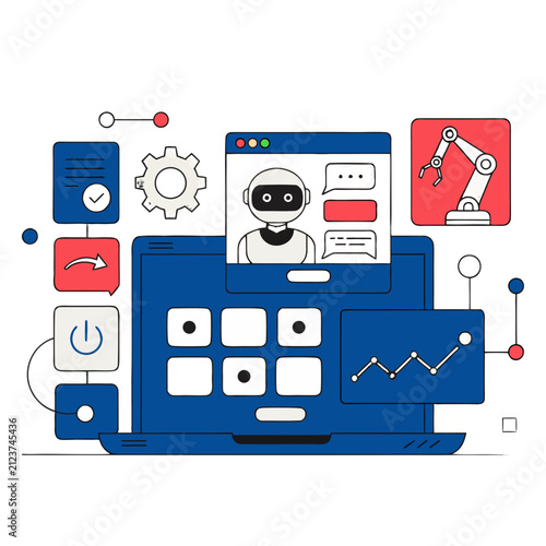 AI Productivity Workspace with Laptop Chatbot Interface and Automation Icons Flat Vector
