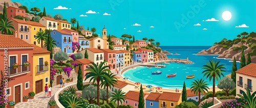 Vibrant coastal village scene with turquoise water and sunny sky