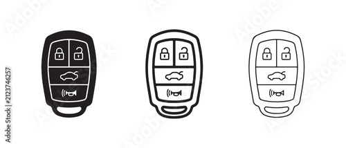  car key fob icons with lock and vehicle symbols illustrated in simple line art style