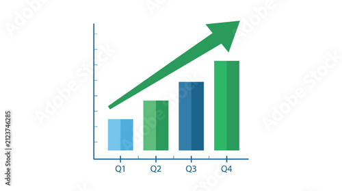 Flat vector illustration of a rising bar chart with a green upward arrow, representing financial
