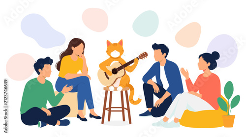 Ginger Cat Appreciation Day gathering features a feline musician playing acoustic guitar for friends sitting together in a cozy social circle.