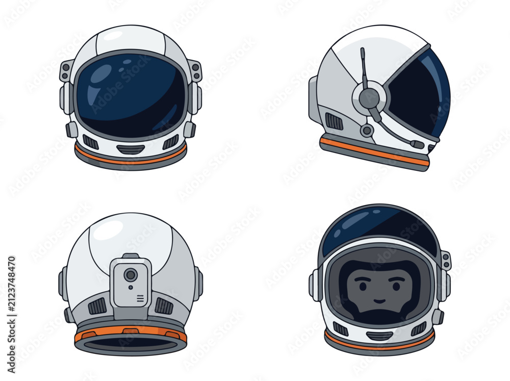 Fototapeta premium Set of four astronaut helmets with different designs and visor styles for space exploration and science fiction themes