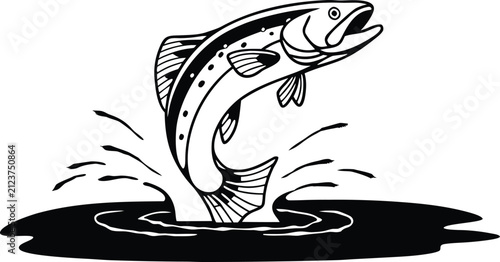 Konstfotografi Black and white line of a fish leaping out of dark water with a splash, isolated