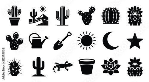 Set of desert and gardening themed glyph icons featuring various cacti, succulent plants, celestial objects, and tools for web graphics and mobile applications