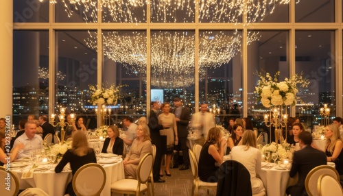 Night gala dinner with guests seated at elegant tables under sparkling ceiling lights and city skyline view suitable for charity or award event