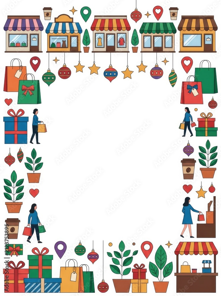 Naklejka premium Storefronts, shopping bags, gift boxes, coffee cups, potted plants, storefront awnings, location pins, hearts and festive retail ornaments forming an elegant decorative frame around a spacious blank