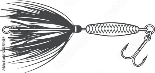 Fotografie Detailed black and white line of a feathered fishing lure with a treble hook iso