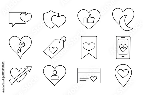 Heart love icon set features chat bubble, shield, price tag, bookmark, smartphone, arrow, and credit card symbols vector.