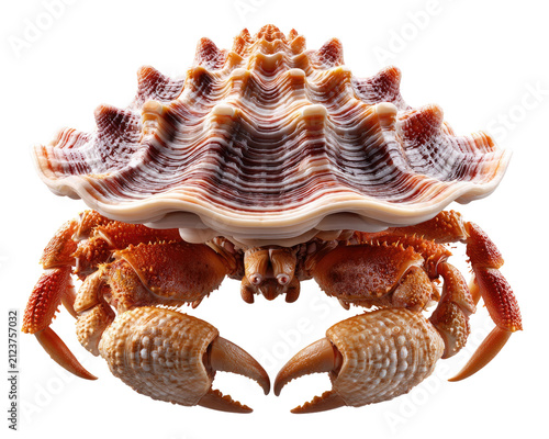 Marine Marvel: A striking crab adorned with an ornate seashell, showcasing the intricate beauty and resilience of ocean life. Its pincers are poised, ready for action in its underwater domain.