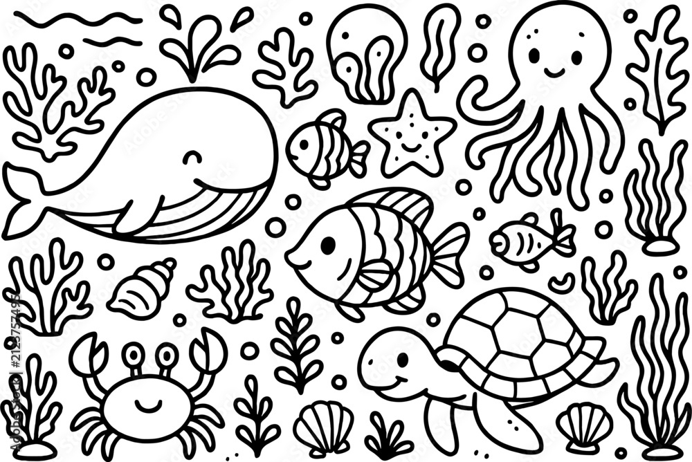 Obraz premium Underwater Doodle Vector Icon Set