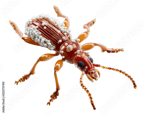 Ornate Beetle Macro: A striking macro photograph showcases an intricately detailed beetle, its shell adorned with a mosaic of tiny white spheres, set against a clean white backdrop.