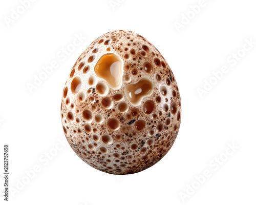 Quail Egg with Abstract Texture: A close-up, isolated image of a single quail egg showcases its intricate, dappled brown and cream speckled pattern with small indentations.