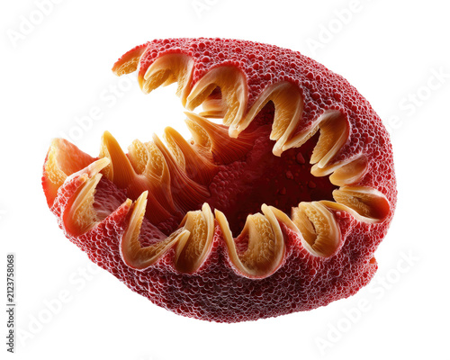 Red Pollen Grain: An extreme close-up reveals the intricate, textured surface of a red pollen grain, showcasing its delicate structures and unique patterns.