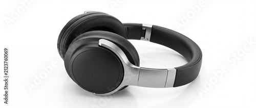 Wireless over ear headphones with sleek black and silver design for immersive audio experiences with silver aesthetic plain plain white background