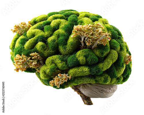 The Green Mind: A symbolic brain sculpted from lush moss and delicate flora represents the concept of environmental awareness and ecological thinking.