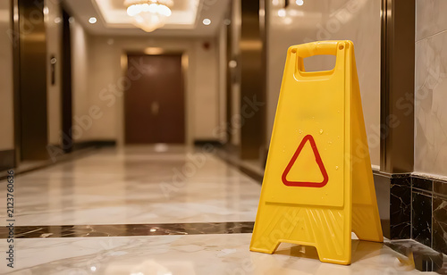 Wet floor safety sign standing beside a hotel elevator lobby after floor maintenance