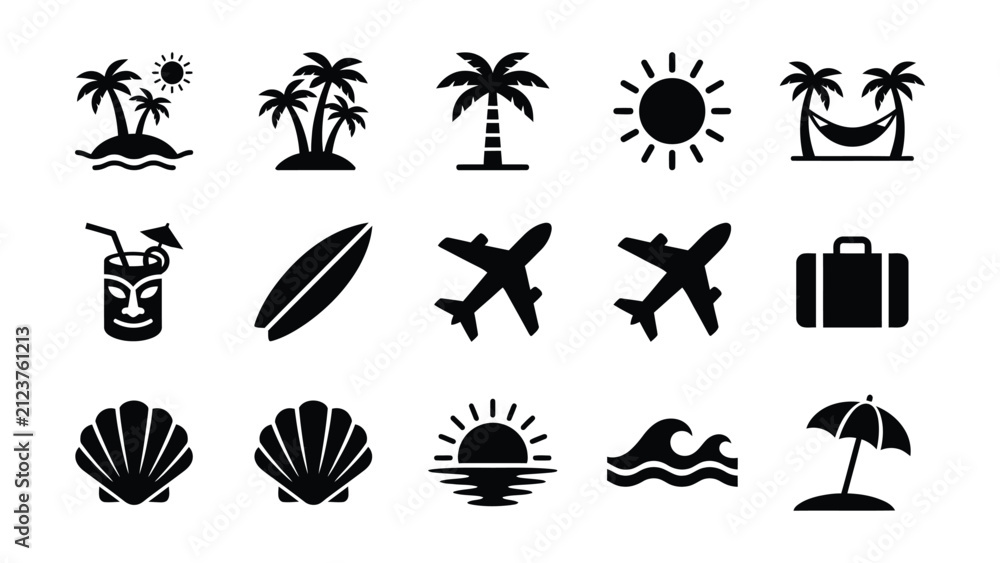 Obraz premium Black and white tropical vacation icons set